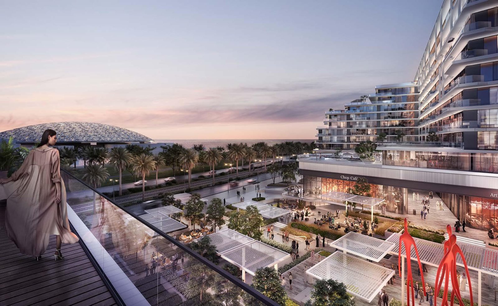Modern exterior render of Louvre Residences by Aldar at Saadiyat Grove, Abu Dhabi, highlighting the luxury museum-branded architecture.