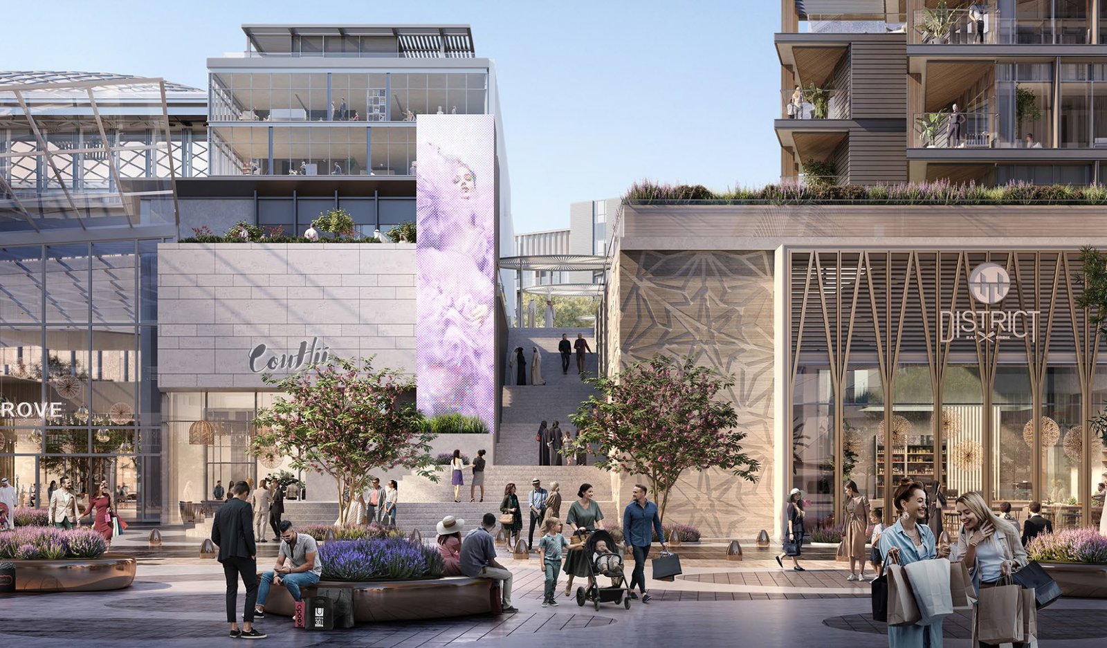 Art-inspired luxury entrance lobby with premium finishes and retail-branded furnishings inside Grove Gallery Views on Saadiyat Island.