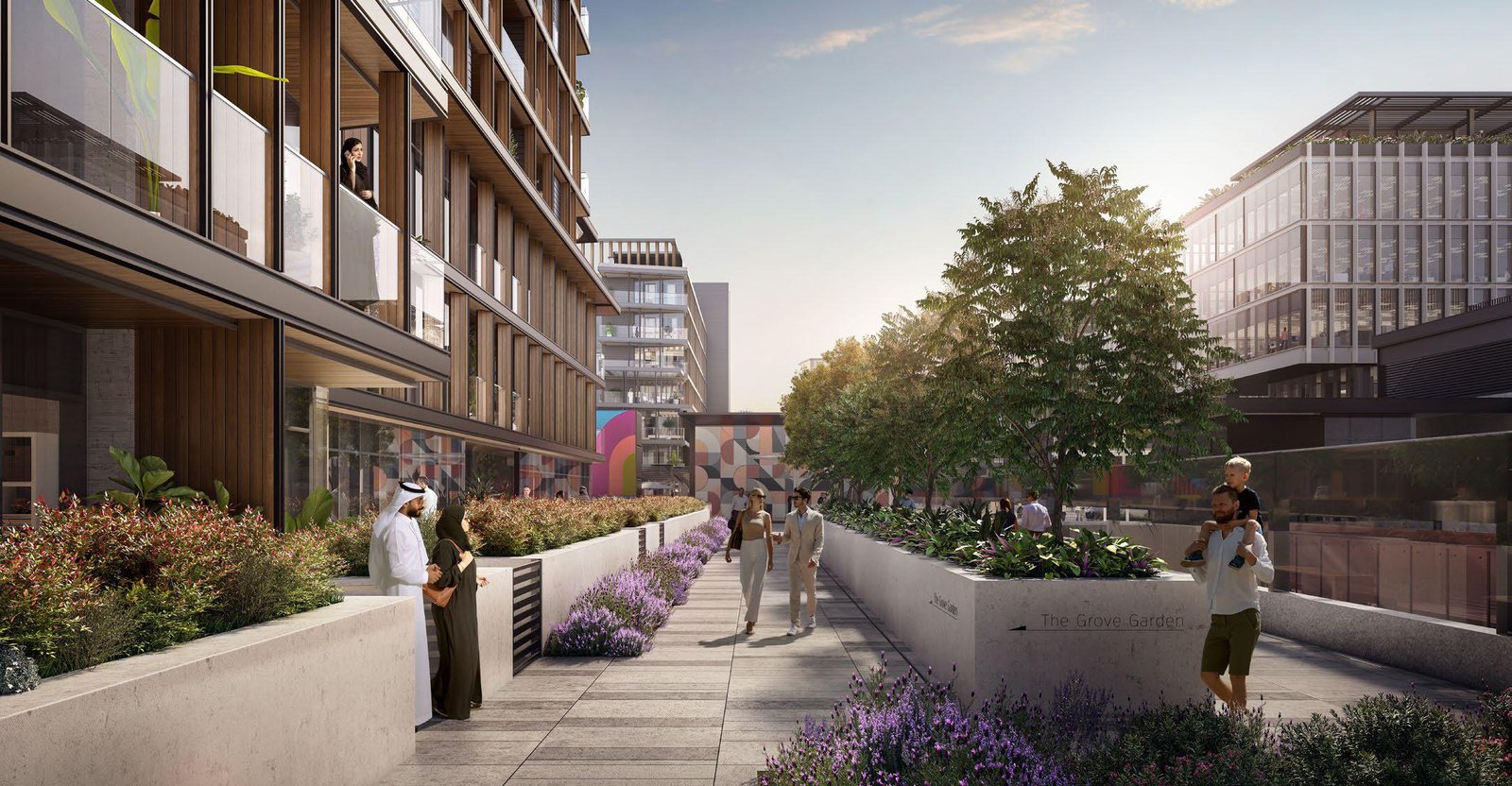 Vibrant urban community plaza and pedestrian street vistas from a private resident balcony at Grove Uptown Views.