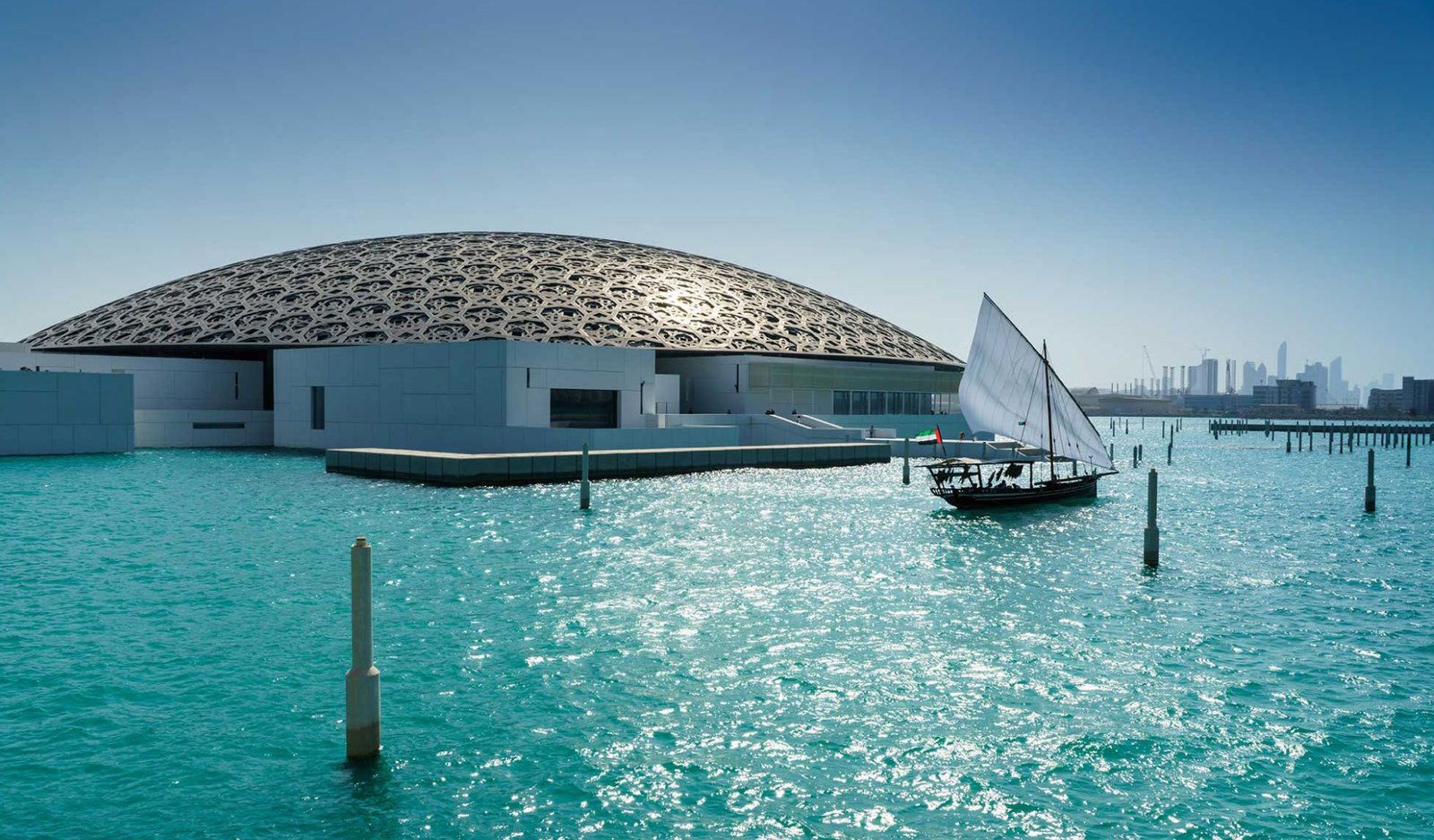 Sleek modern architecture exterior of Grove Gallery Views by Aldar at Saadiyat Grove in Saadiyat Island Abu Dhabi.