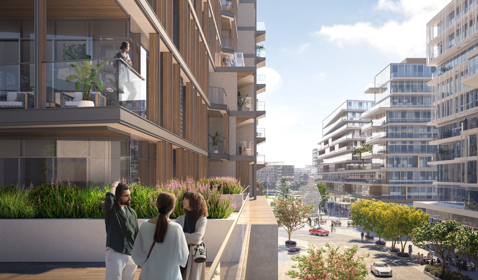 Spacious apartment balcony at Grove Gallery Views Abu Dhabi featuring partial views of the iconic Louvre Abu Dhabi museum.