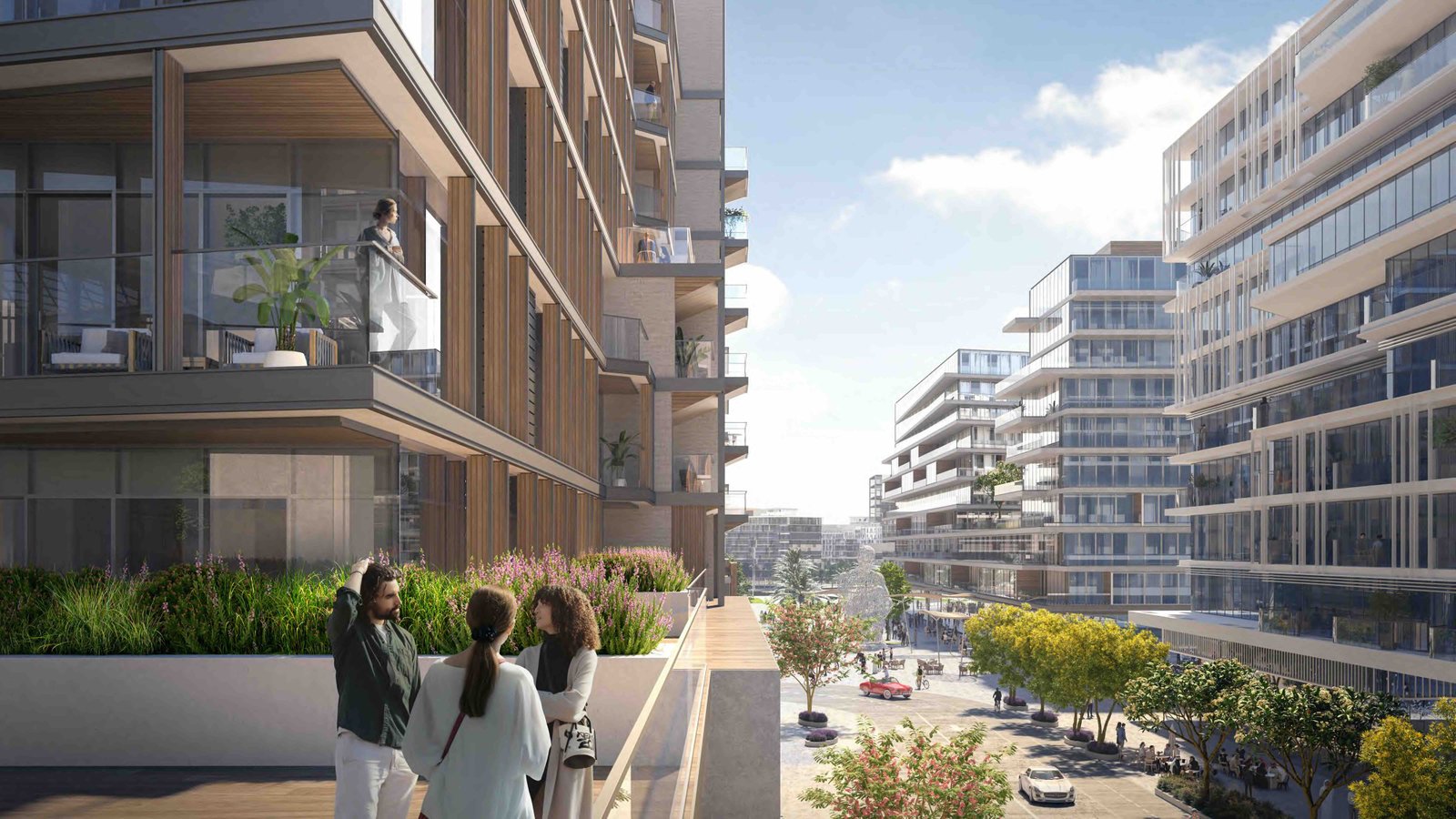 Scenic community plaza and dancing fountain views from the private resident balcony at Aldar Grove Fountain Views.