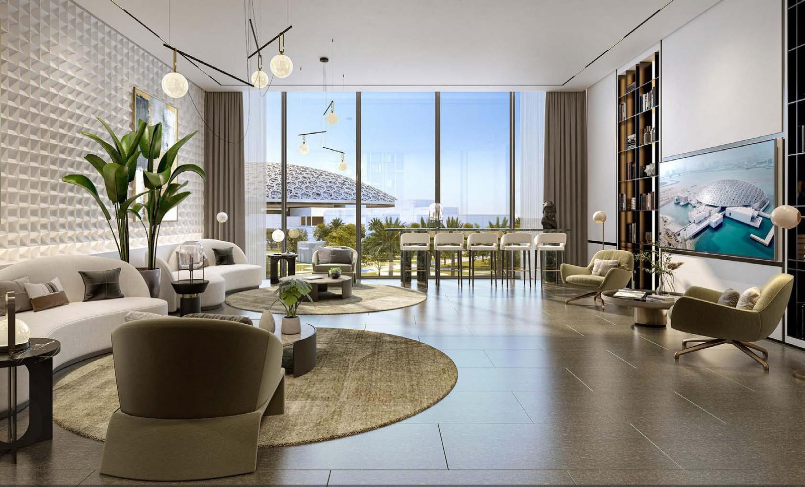 Elegant open-plan living room in a Louvre Residences apartment, Abu Dhabi, displaying premium porcelain tile flooring and bespoke Light Premium finishes